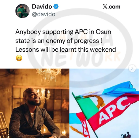 "Anybody Supporting APC Is An Enemy of Progress" — Davido Goes Full Campaign Mode Days Before Osun Decides
