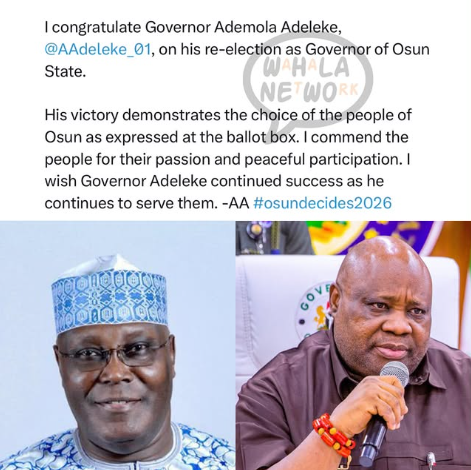 Atiku Abubakar Congratulates Adeleke On Osun Re-Election, Calls It "The Choice Of The People"