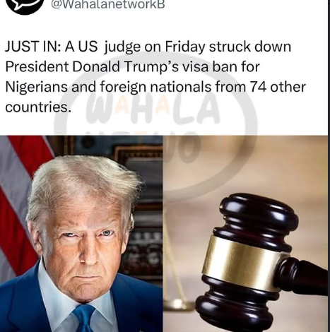 Federal Judge Strikes Down Trump's Visa Ban Covering Nigeria and 74 Other Countries